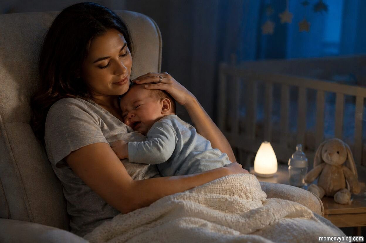 Mother holding and soothing a crying baby in a dimly lit nursery at night, with a soft lamp glowing nearby.