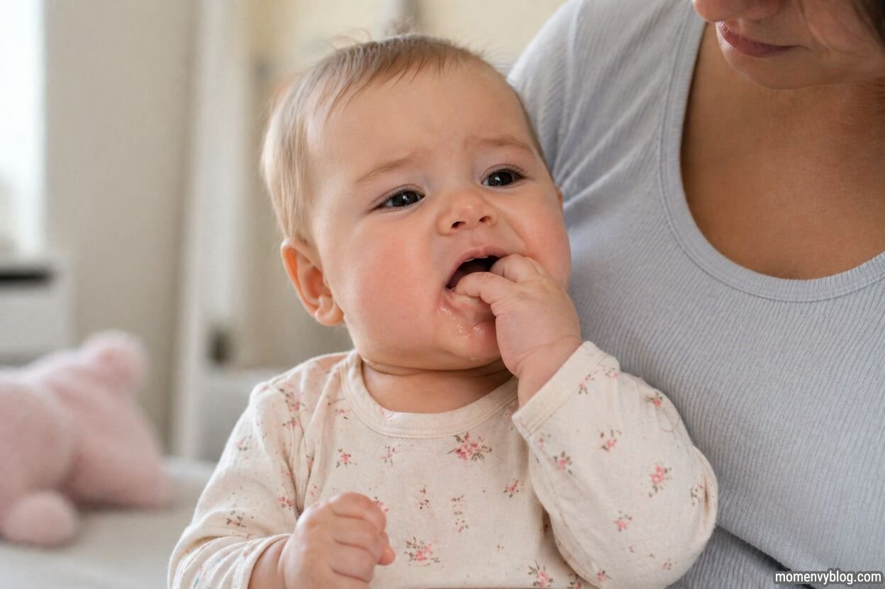 Baby chewing on fingers while being held by a caregiver, showing early signs of teething.