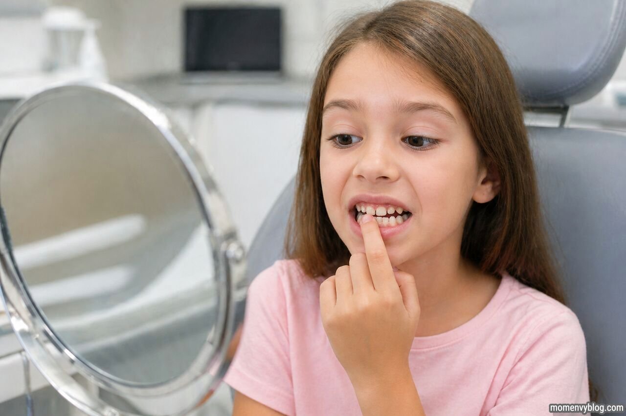 Young girl examining her teeth in a mirror at a dental clinic, showing early signs of alignment issues.