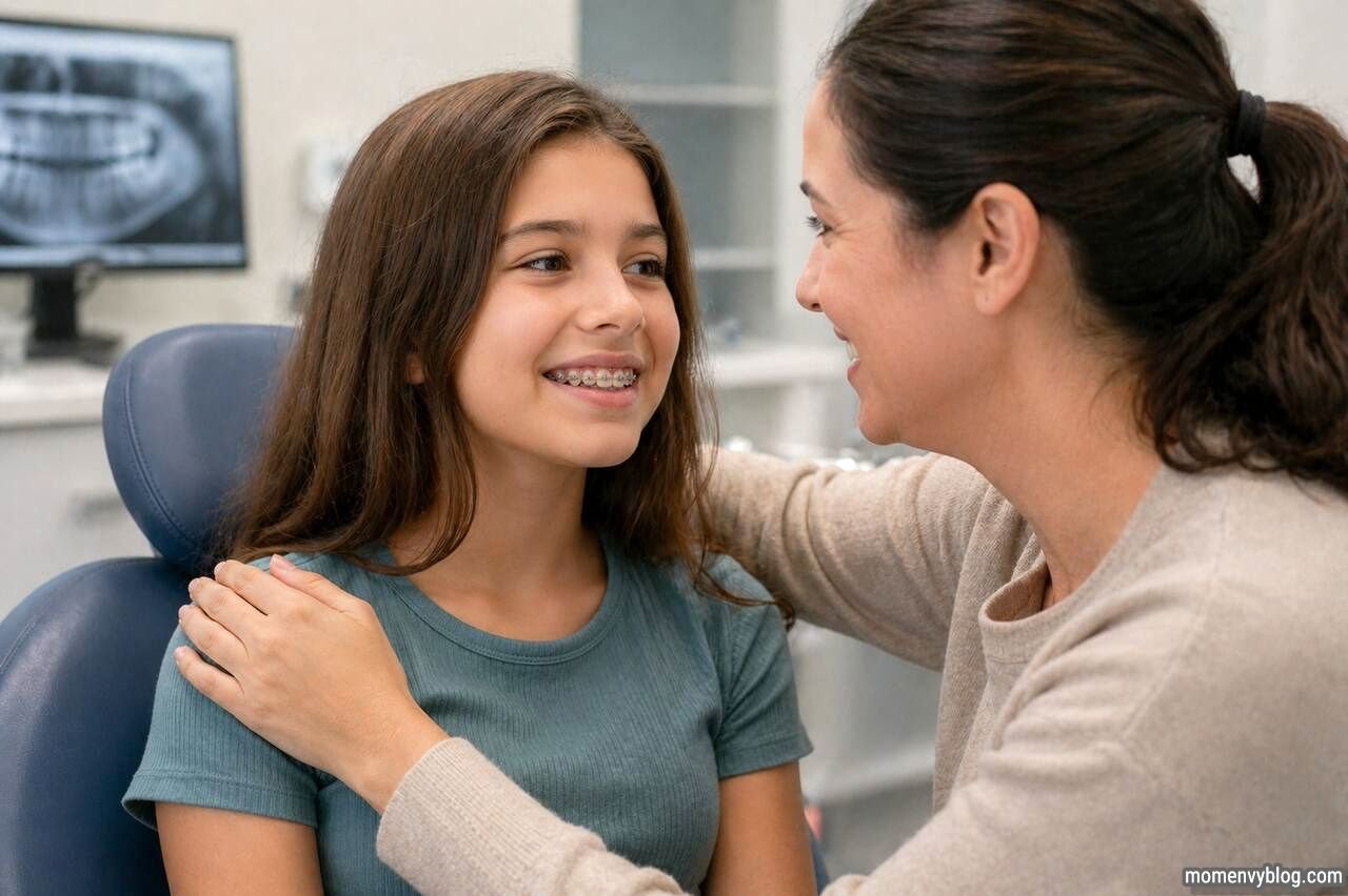 Mother comforting a smiling child with braces in a dental clinic, showing emotional support during orthodontic care.