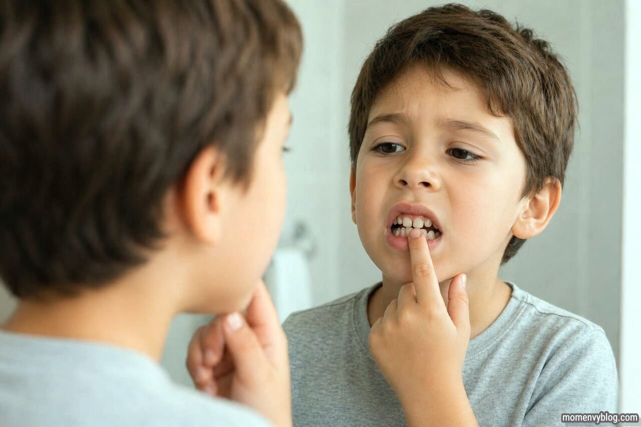 Young boy looking in a mirror and pointing at slightly misaligned teeth, showing concern about dental alignment.