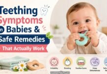 Baby chewing teether with natural teething remedies