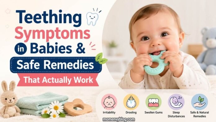 Baby chewing teether with natural teething remedies