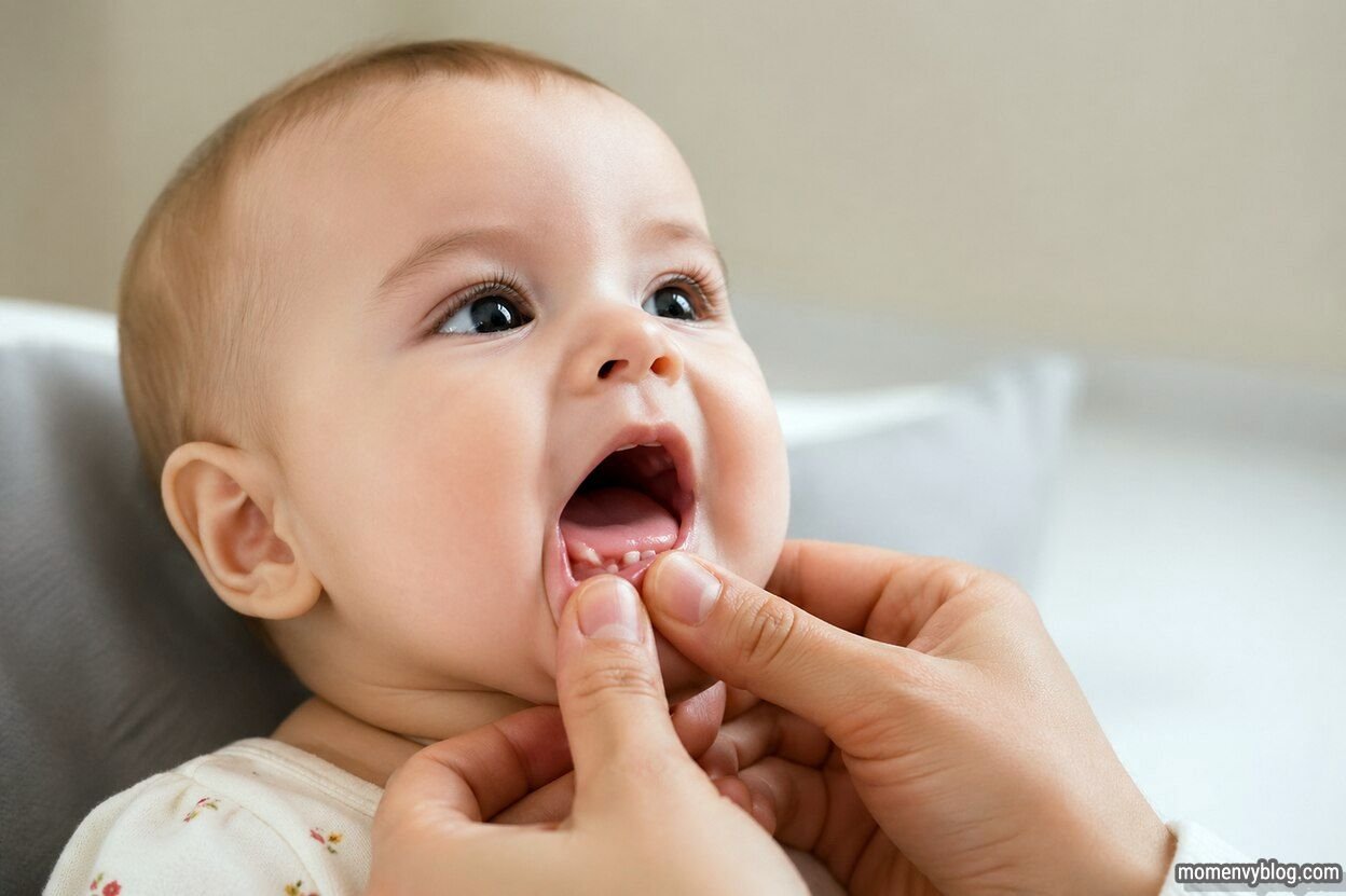 Baby with open mouth while a caregiver gently checks gums for signs of delayed teething.