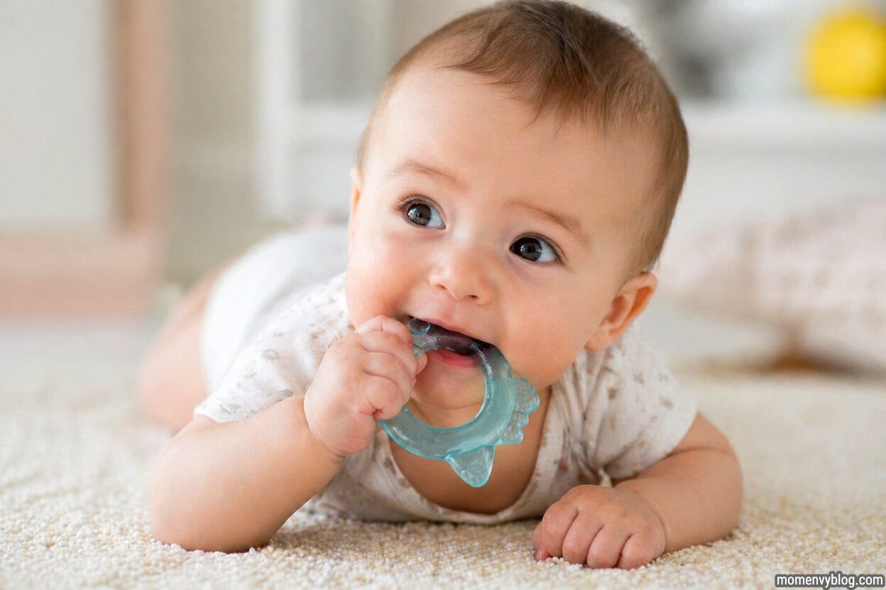 Baby lying on a soft carpet chewing a blue teething ring, with a curious expression in a warm, softly lit home setting.