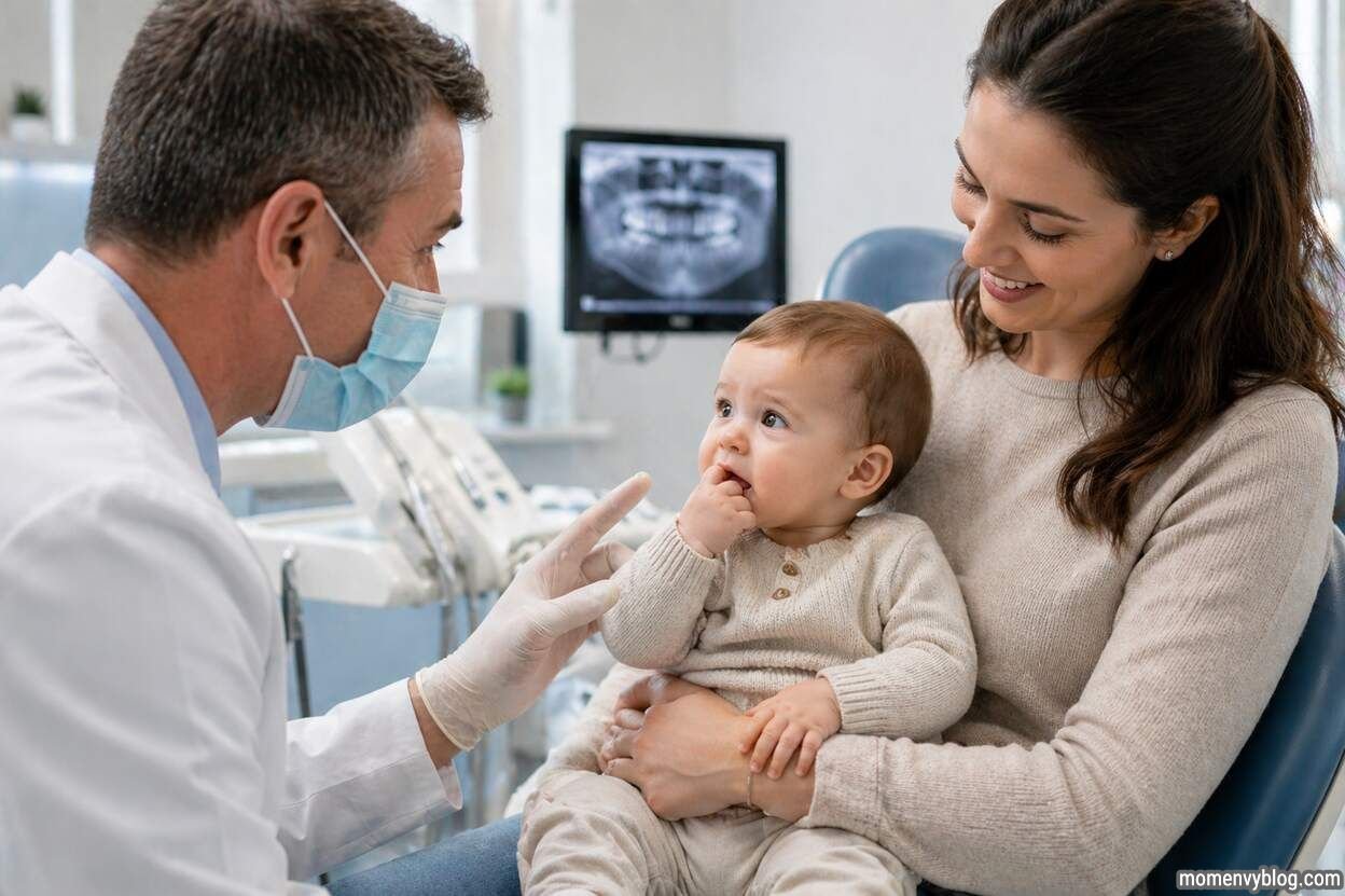 Dentist speaking to a mother holding her baby during a checkup in a bright dental clinic, with the baby putting fingers in their mouth.