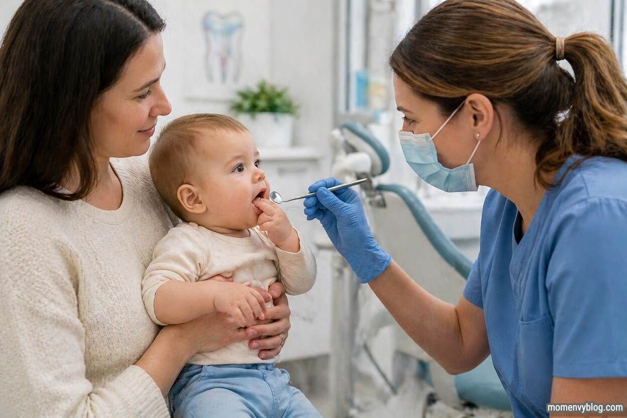 Pediatric dentist examining a baby’s mouth while the mother holds the child in a dental clinic.