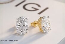 Lab-grown diamond oval stud earrings in gold setting with IGI certification background