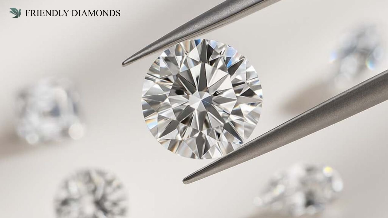 Round-cut lab-grown diamond held with tweezers showing clarity and brilliance