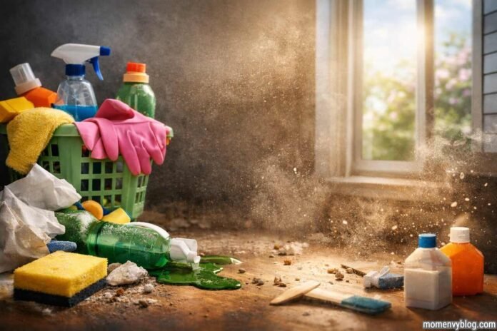 Your Spring Clean Is Making Things Worse Spring clean making things worse with dust and spilled cleaning supplies