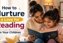 Mother reading a storybook with her daughter at home to encourage a love for reading in children.