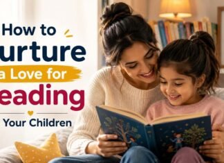 Mother reading a storybook with her daughter at home to encourage a love for reading in children.