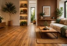 Modern living room with elegant wooden flooring and contemporary interior design.