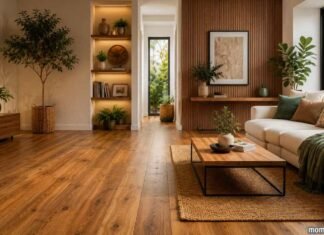 Modern living room with elegant wooden flooring and contemporary interior design.