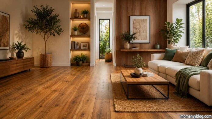 Modern living room with elegant wooden flooring and contemporary interior design.