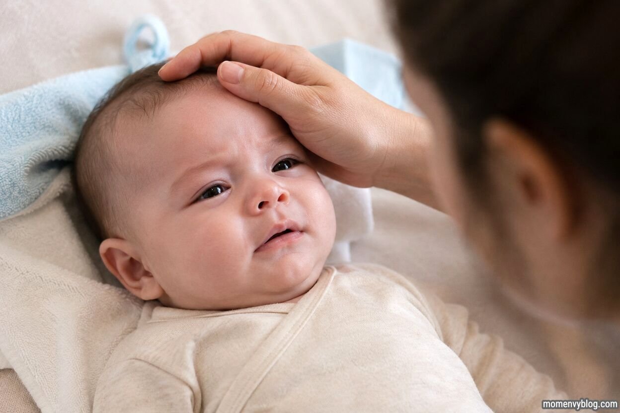 Parent gently checking a baby's forehead while the infant appears calm and comfortable indoors.