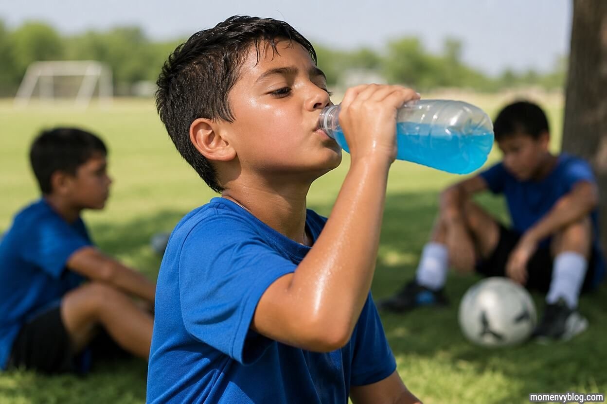 Young soccer player drinking a blue electrolyte beverage during a sports break while teammates rest in the background on a sunny field.