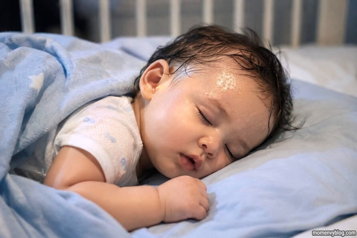 Peacefully sleeping baby with a slightly sweaty forehead resting comfortably in a crib at night.