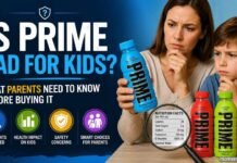 Concerned parent and child examining PRIME hydration drinks while reviewing nutrition facts and safety information for kids.