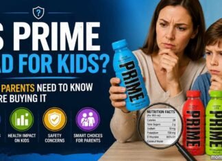 Concerned parent and child examining PRIME hydration drinks while reviewing nutrition facts and safety information for kids.