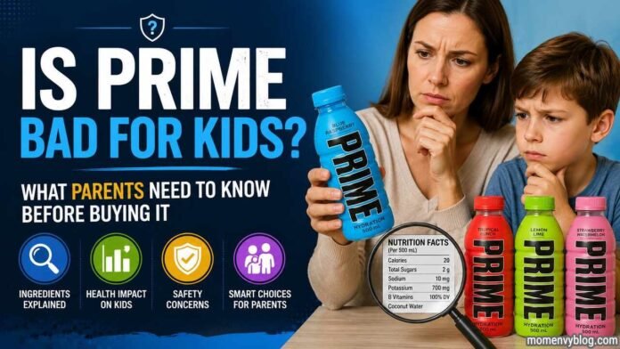 Is Prime Bad for Kids Concerned parent and child examining PRIME hydration drinks while reviewing nutrition facts and safety information for kids.