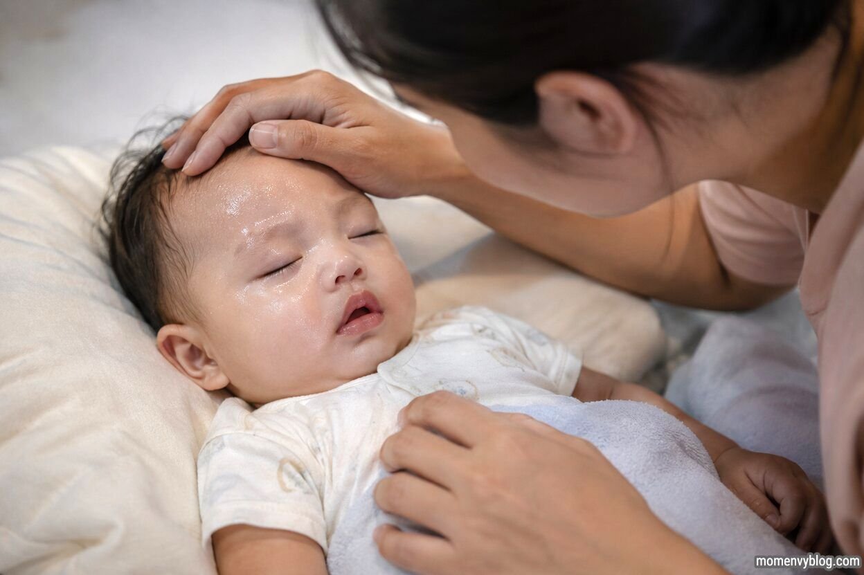 Concerned parent checking a baby's forehead while the infant appears sweaty and unwell on a bed.