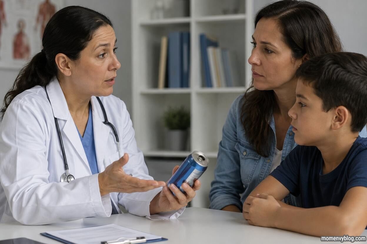 Pediatric doctor discussing an energy drink with a parent and child during a medical consultation, explaining health considerations for children.