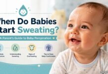 Baby with visible perspiration on the forehead, illustrating when babies start sweating and normal infant temperature regulation.