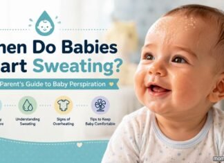 Baby with visible perspiration on the forehead, illustrating when babies start sweating and normal infant temperature regulation.