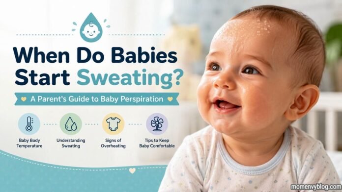 Baby with visible perspiration on the forehead, illustrating when babies start sweating and normal infant temperature regulation.