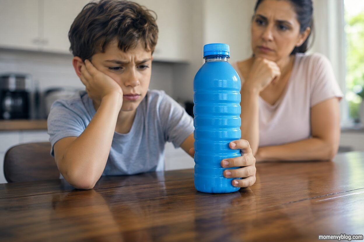 Concerned parent watching a child holding a blue hydration drink bottle at a kitchen table, illustrating parental concerns about sports and hydration beverages for kids.