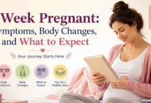 1 Week Pregnant: Symptoms, Body Changes, and What to Expect – Pregnant woman holding a notebook with a soft pastel background illustrating early pregnancy symptoms and body changes.