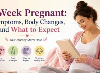 1 Week Pregnant: Symptoms, Body Changes, and What to Expect 1 Week Pregnant: Symptoms, Body Changes, and What to Expect – Pregnant woman holding a notebook with a soft pastel background illustrating early pregnancy symptoms and body changes.
