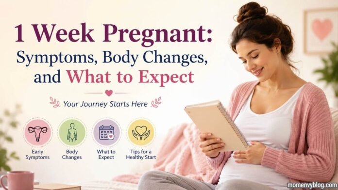 1 Week Pregnant- Symptoms, Body Changes, and What to Expect 1 Week Pregnant: Symptoms, Body Changes, and What to Expect – Pregnant woman holding a notebook with a soft pastel background illustrating early pregnancy symptoms and body changes.