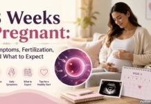 3 Weeks Pregnant: Symptoms, Fertilization, and What to Expect Pregnant woman holding her baby bump with a fertilization illustration and the title "3 Weeks Pregnant: Symptoms, Fertilization, and What to Expect."