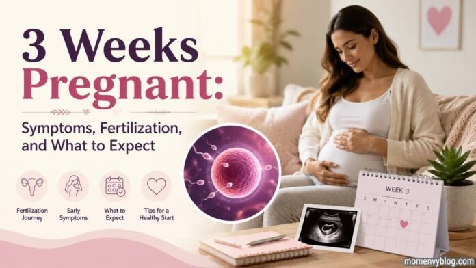 3 Weeks Pregnant Pregnant woman holding her baby bump with a fertilization illustration and the title