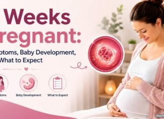 4 Weeks Pregnant: Symptoms, Baby Development, and What to Expect Pregnant woman smiling while gently holding her baby bump at 4 weeks of pregnancy, alongside an illustration of a developing embryo and graphics highlighting early pregnancy symptoms, baby development, and what to expect.