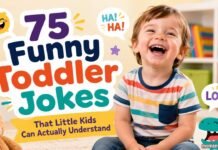 Happy toddler laughing with colorful text reading “75 Funny Toddler Jokes That Little Kids Can Actually Understand” in a playful playroom setting.
