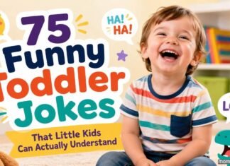 Happy toddler laughing with colorful text reading “75 Funny Toddler Jokes That Little Kids Can Actually Understand” in a playful playroom setting.