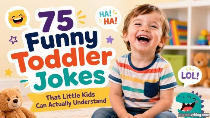 75 Funny Toddler Jokes That Little Kids Can Actually Understand Happy toddler laughing with colorful text reading “75 Funny Toddler Jokes That Little Kids Can Actually Understand” in a playful playroom setting.