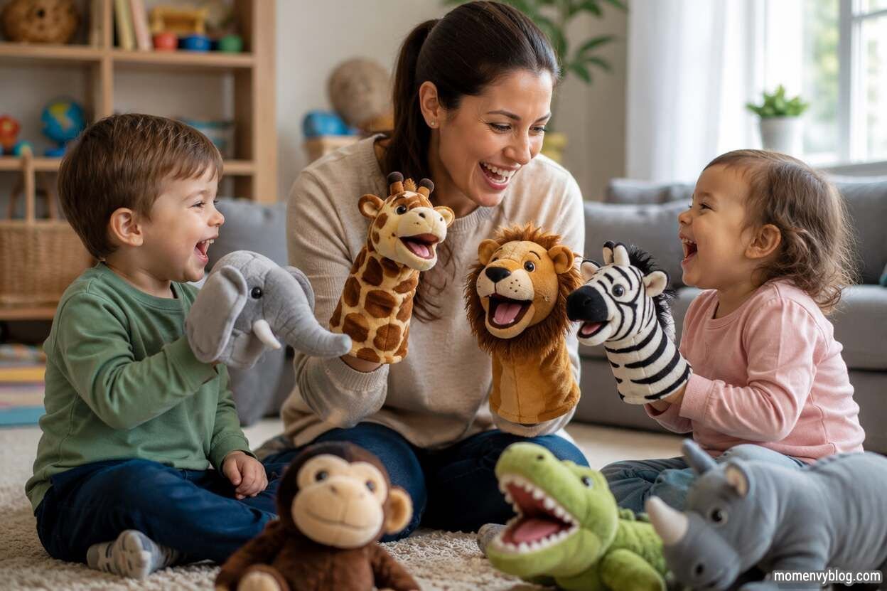 Smiling toddlers and a parent laughing together while playing with colorful animal hand puppets in a bright, cozy playroom.