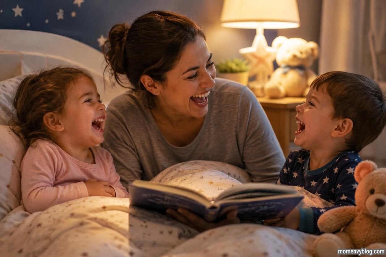 Mother and two happy toddlers laughing together while reading a bedtime story in a cozy bedroom with soft lighting and stuffed animals.