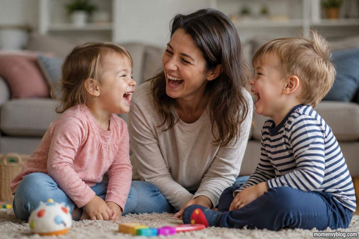 Happy toddlers laughing together with a parent during playful storytelling in a cozy living room, creating a fun and joyful atmosphere for sharing short jokes.