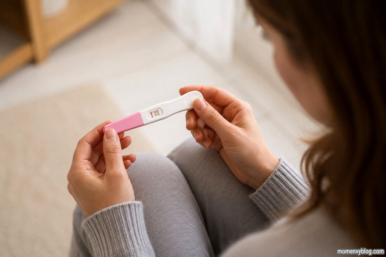 Woman looking at a home pregnancy test in a bright room, illustrating whether a pregnancy test can show a positive result during the first week of pregnancy.