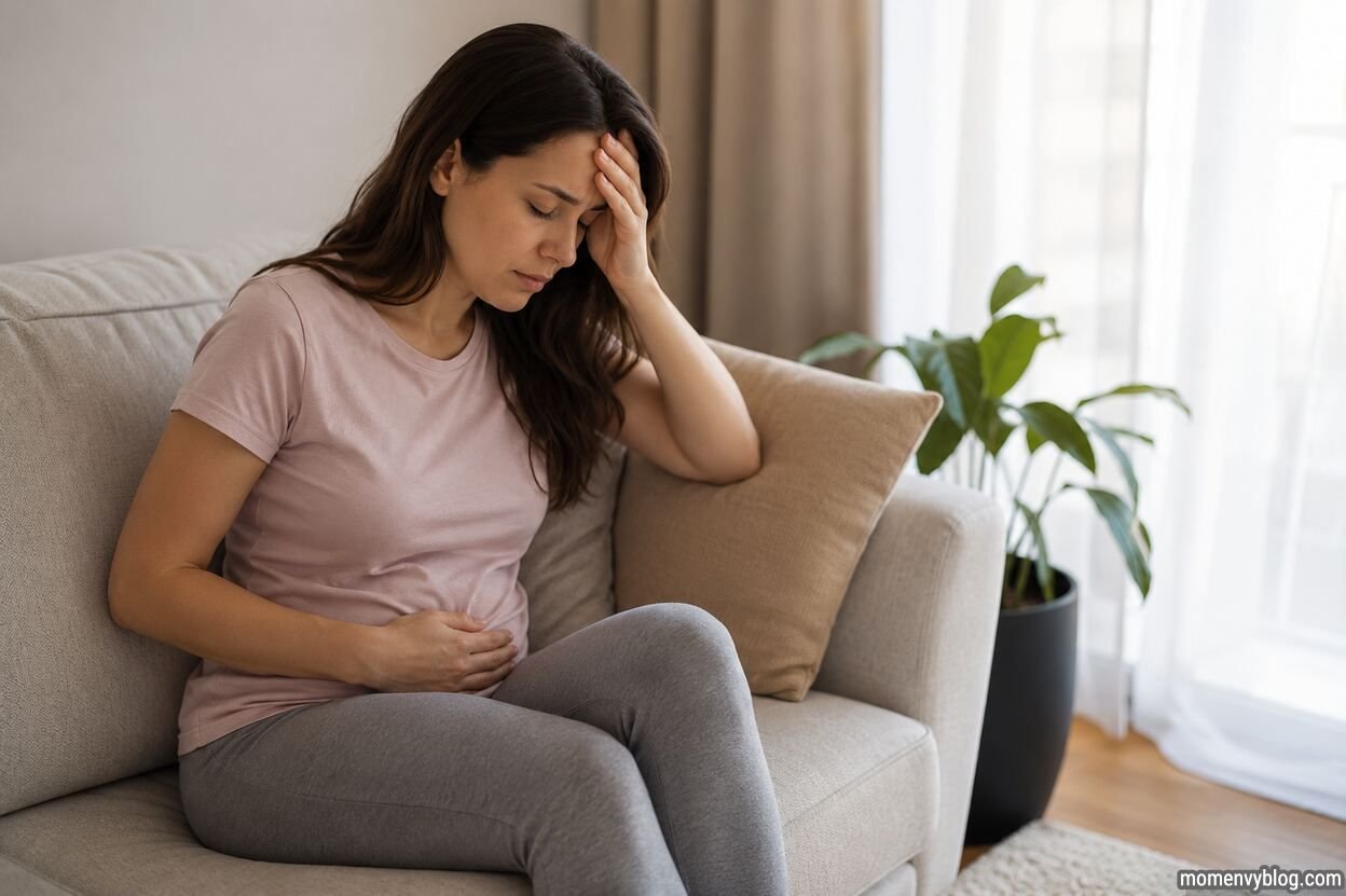 Woman sitting on a sofa with one hand on her forehead and the other on her lower abdomen, illustrating common symptoms that may be confused with very early pregnancy.