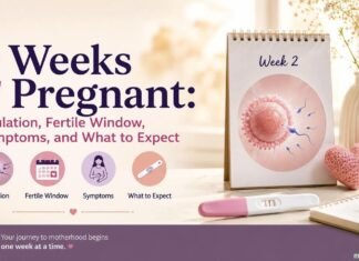 2 Weeks Pregnant illustration showing ovulation, fertile window, egg and sperm, pregnancy test, and week 2 pregnancy timeline.