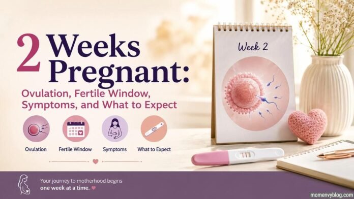 2 Weeks Pregnant illustration showing ovulation, fertile window, egg and sperm, pregnancy test, and week 2 pregnancy timeline.