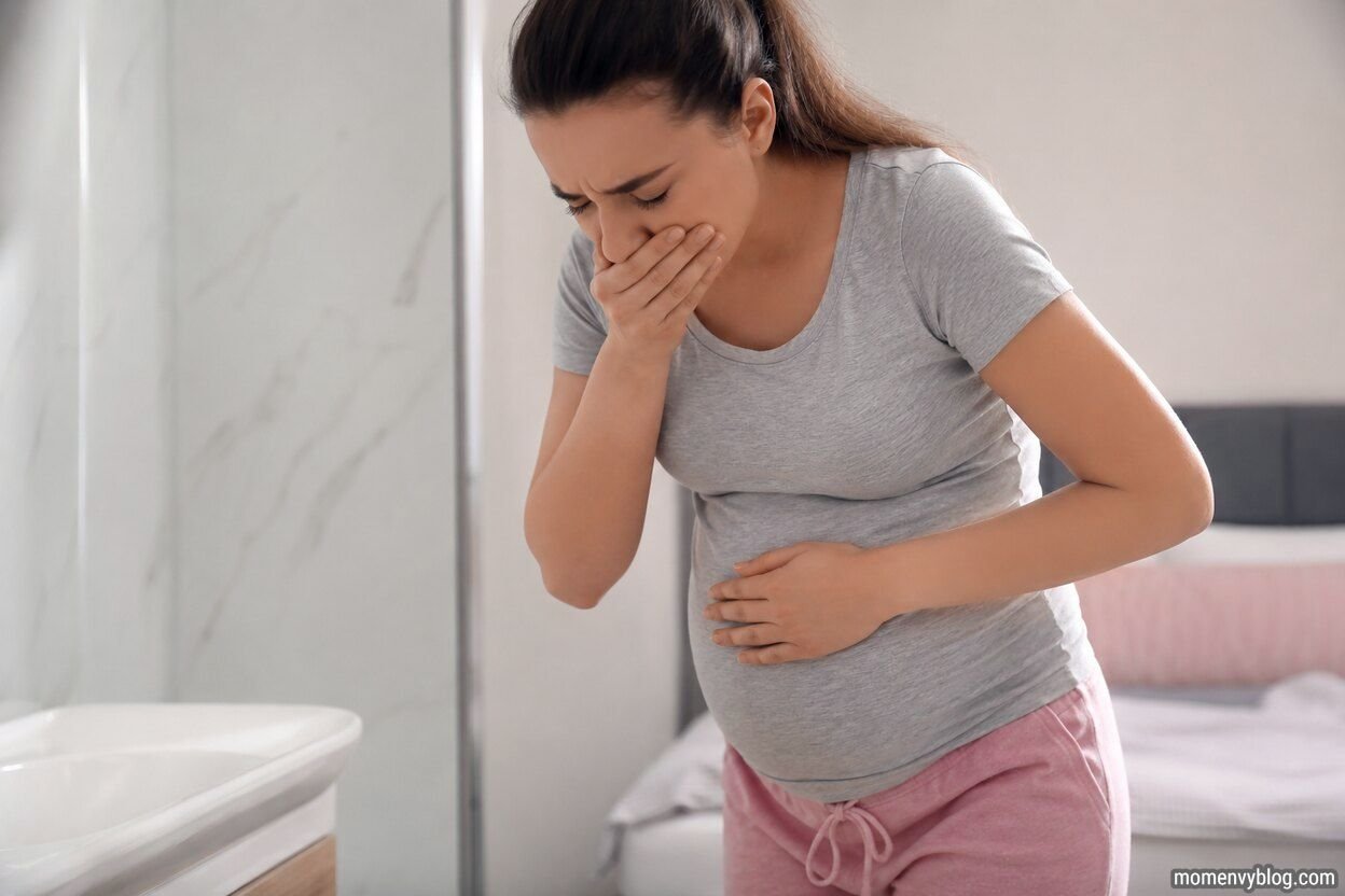 Pregnant woman experiencing morning sickness and nausea in a modern bathroom during early pregnancy.