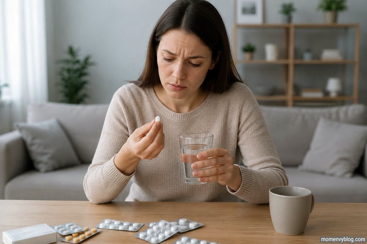 Woman holding a pill and glass of water while looking concerned, representing taking medication before realizing she is pregnant.