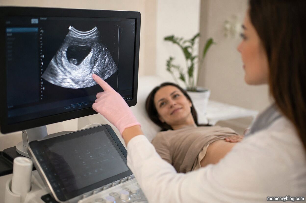 Healthcare provider performing an early pregnancy ultrasound examination on a woman in a modern clinic while reviewing the scan on a medical monitor.
